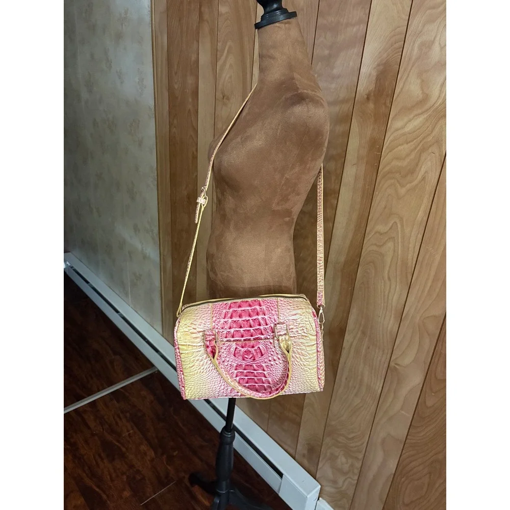 Satchel Handbag Pink Yellow Crocodile Croc‎ Embossed Leather Crossbody Bag NWOT